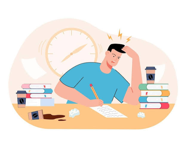 A cartoon of a man studying with a pile of books and some coffee